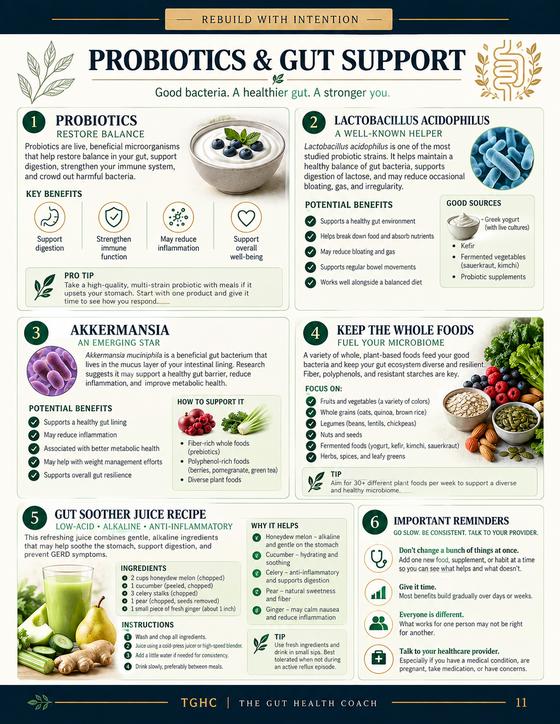 Sample probiotics and gut support page from the Quick Start Practical Guide