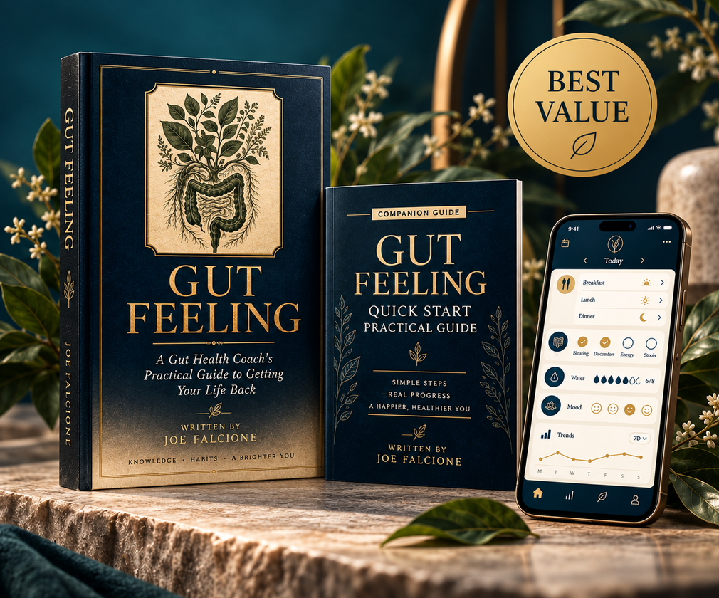 Gut Feeling book, Quick Start Guide, and Daily Meal and Symptom Tracker presented together